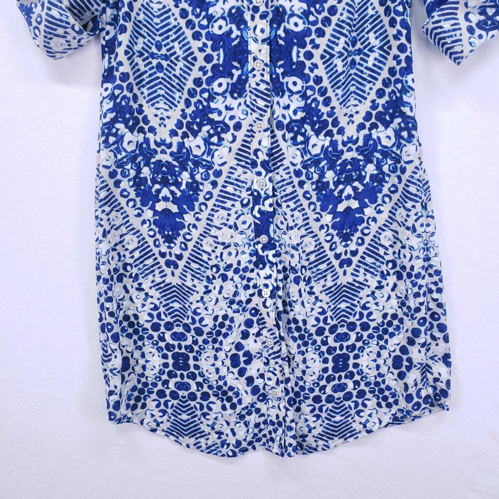 Cabi Blue & White Abstract Print Button Down Short Jewel Shirt Dress Size S - Picture 8 of 16